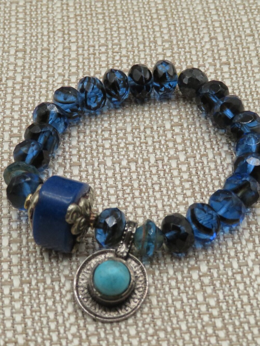 Tibetan Silver Blue Glass Stone Charm Bracelet